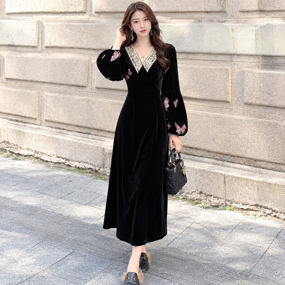 Embroidered Velvet V-neck Long Dress V3745