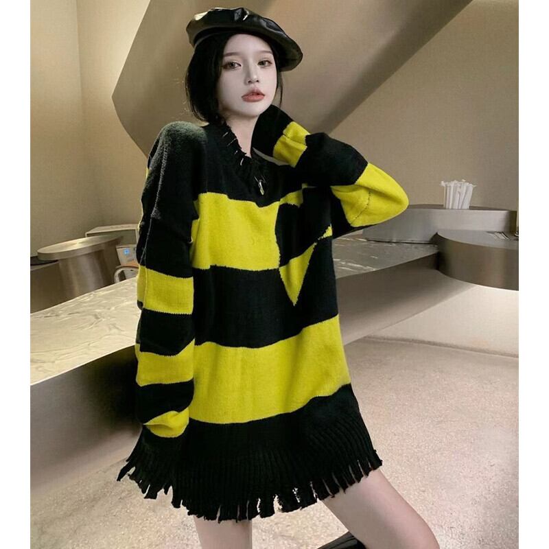 カラーストライププルオーバー セーター レディースオータムルーズラウンドネックニットトップス ロング 秋物 Oネック ガールズファッション24919398111