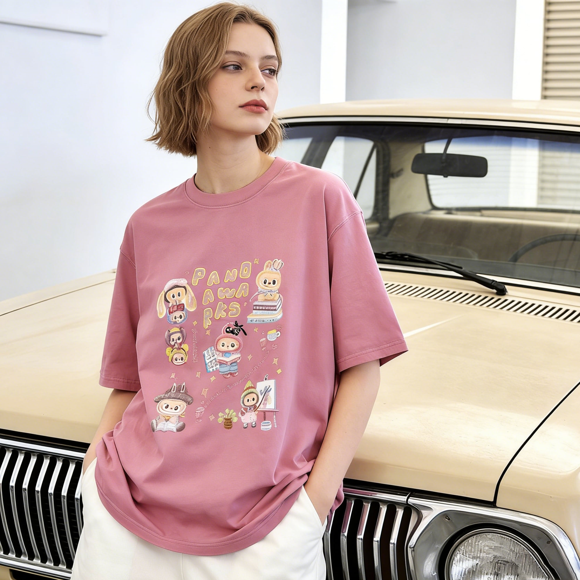 かわいいが止まらない!PANDAWARKS×LABUBU ふんわり刺繍Tシャツ ワンサイズ 綿100% 誰でも着やすいリラックスシルエット