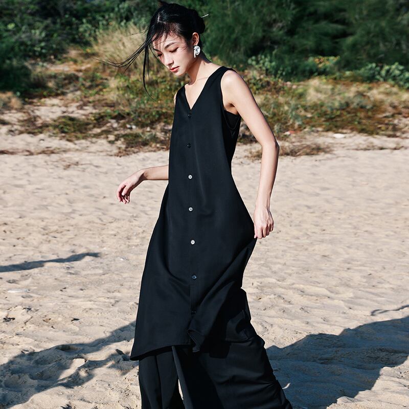 大青龍肆シリーズ Vネックワンピース ノースリーブワンピース シンプル 無地 気質アップ ブラック 黒い Elegant
