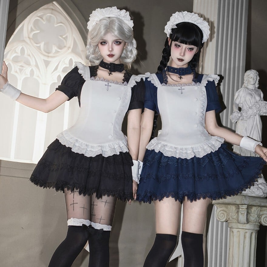 ゴシックメイド服 5点セット ミニ丈 ブラック×ホワイト パニエ付き