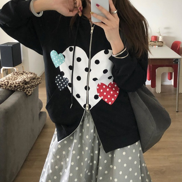 colorful polka dot heart zip sweat hoodie  e2082