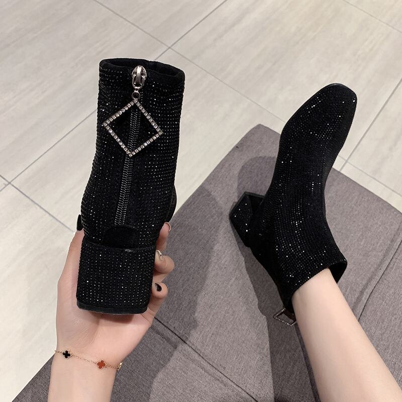 ブーツオータムウィンターカジュアルラインストーンバックジッパーショート 靴 シューズ 秋物 冬物 部族の婦人靴86146838402