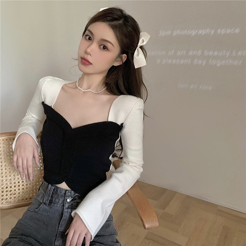 ニットセーターボトミングシャツ女性の2020年秋冬新作フレンチスタイルスクエアカラーウエスタンスタイルタイトショート長袖ブラウス ブラックストロベリース13804186281