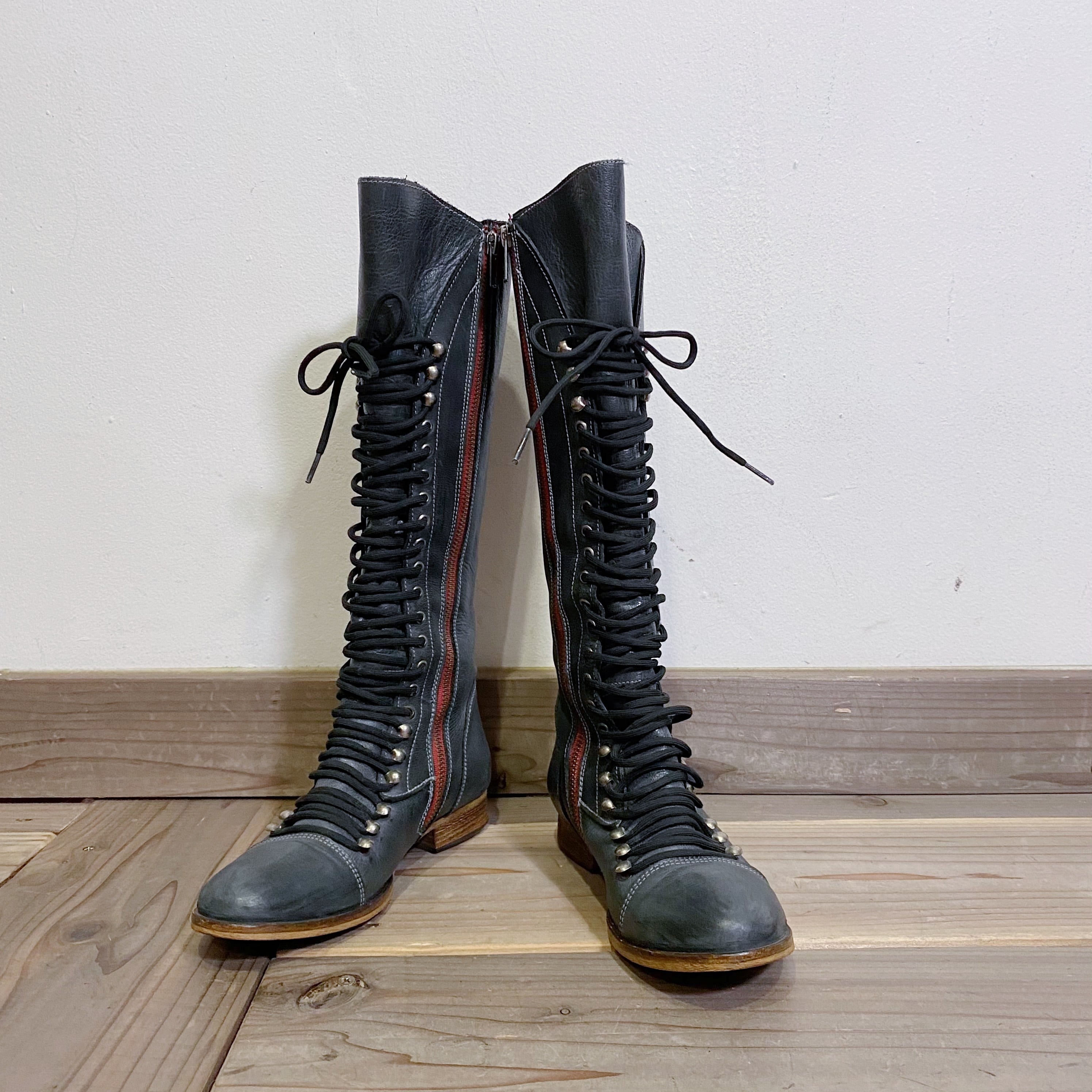 black leather lace up long boots LEMON