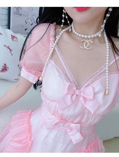 2長さ】ワンピース ピンク ワンピース 姫 リボン ガーリー ロリータ 花