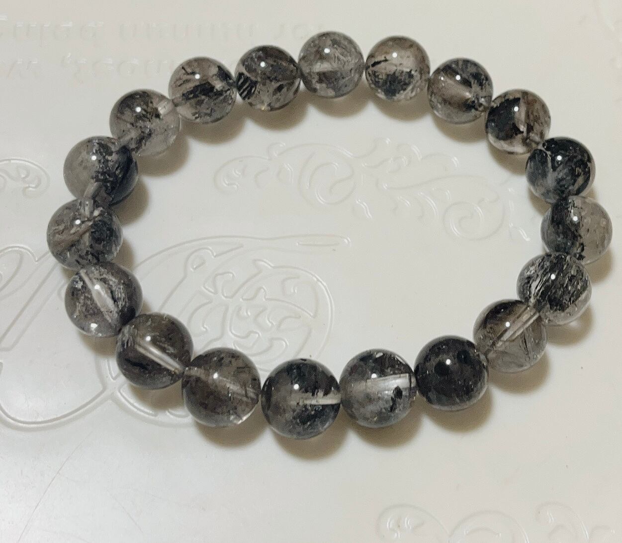 12.7㎜　エレスチャルクォーツ(骸骨水晶)ブレスレット ブラックエレスチャルクォーツ【骸骨水晶】ブレスレット10-10.5mm 19球