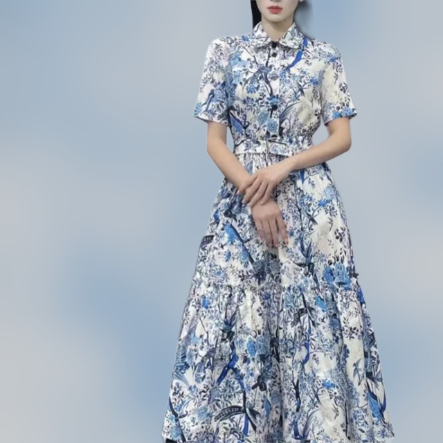 【Le choix de Wakako】ミントン風フラワーミディロングベルトラペル襟ドレス32232