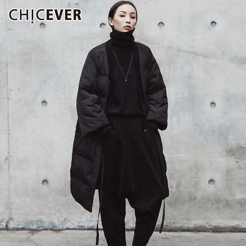 CHICEVERブラックレースアップコットンコートレディースVネック七分袖ミディコート冬厚2020秋潮 オータム 秋物 ウィンター 冬物 6base546593870091