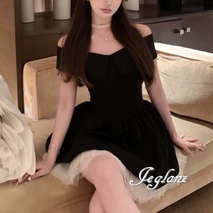 パーティドレス ワンピース 襟付き オフショル 異素材 ミニスカ (M8243)ζ