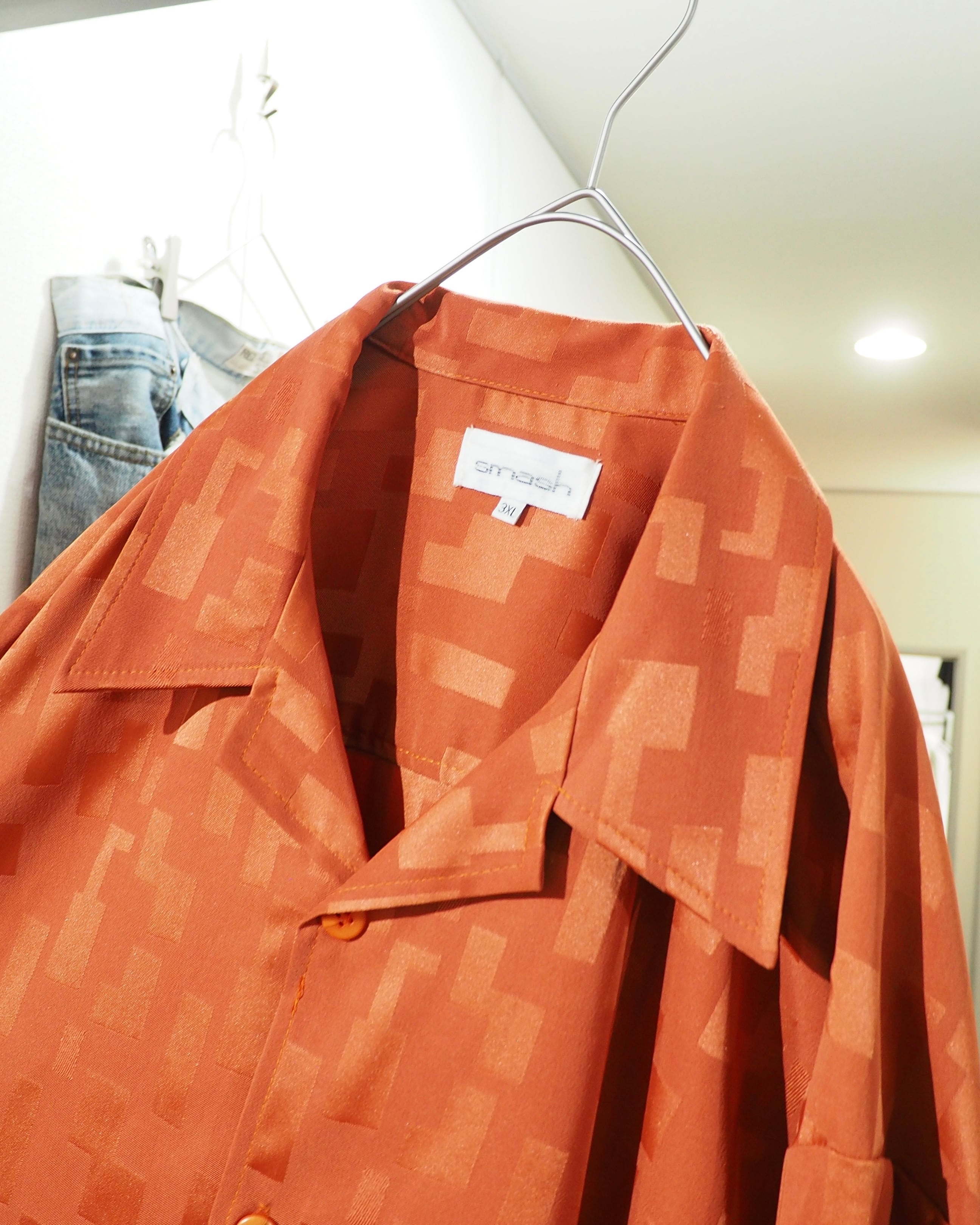 1990s " Made in USA ‐ Smash " Vivid Orange × Block Pattern Vintage Loose Open Collar Shirt