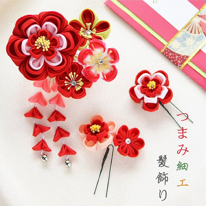 成人式 卒業式 結婚式 小花 つまみ細工 かんざし 髪飾り 3点セット 赤 レッド Wa115red Cha Cha 和の髪飾り専門店