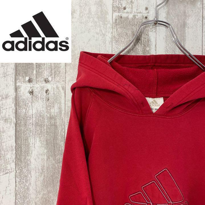 アディダス パーカー レッド ビック刺繍ロゴ フーディ adidas 裏起毛