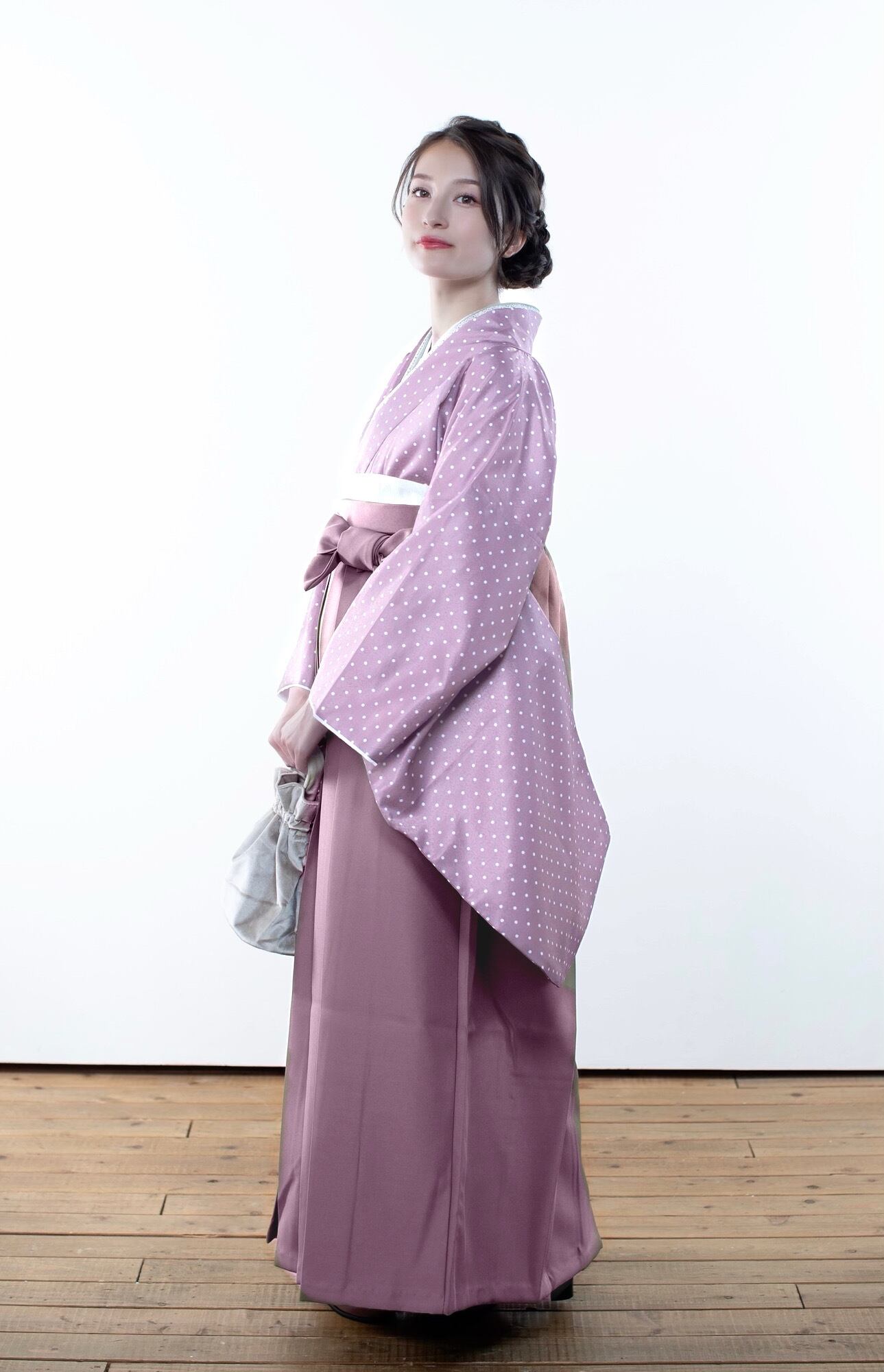新作 着物ジェンヌ 卒業式袴3点セット 二尺袖 袴 卒業式 ドット柄 ピンク