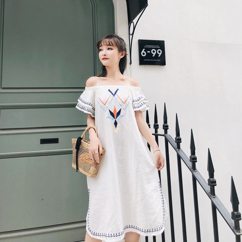 エスニックスタイルスカート サマースタンダード刺繍ドレス コットン レトロ 大きめサイズ 夏物 延命家ファッション9881975
