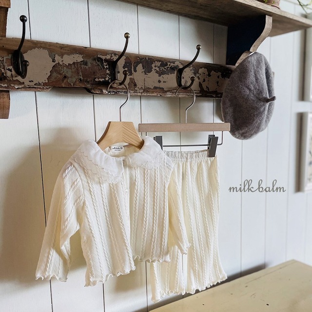 L(3-4y) 【即納】Milkbalm ダブルシフォンカラーマロンカーディガンbeige