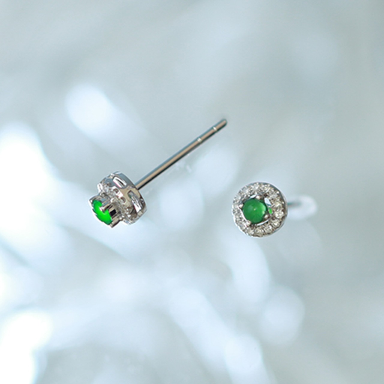 溢れ出る透明感！翡翠ダイヤ入りピアス A貨翡翠 jd_mm1130