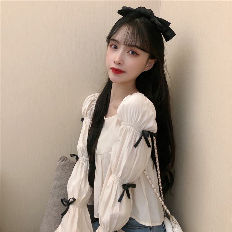 オータムシャツ リボン長袖スリーブショートトップス ロング 秋物 スクウェア 萌量不足85362762367