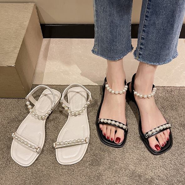 【予約販売】レディース サンダル パール 華奢 こなれ感 大人可愛い 韓国 楽ちん ローヒール ぺたんこ 全2色 ブラック/ホワイト 22.5cm/23cm/23.5cm/24cm/24.5cm