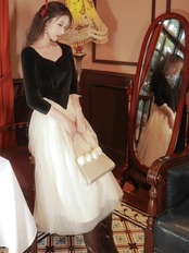 【0100】Simple Lace A Line Long Sleeve Dress