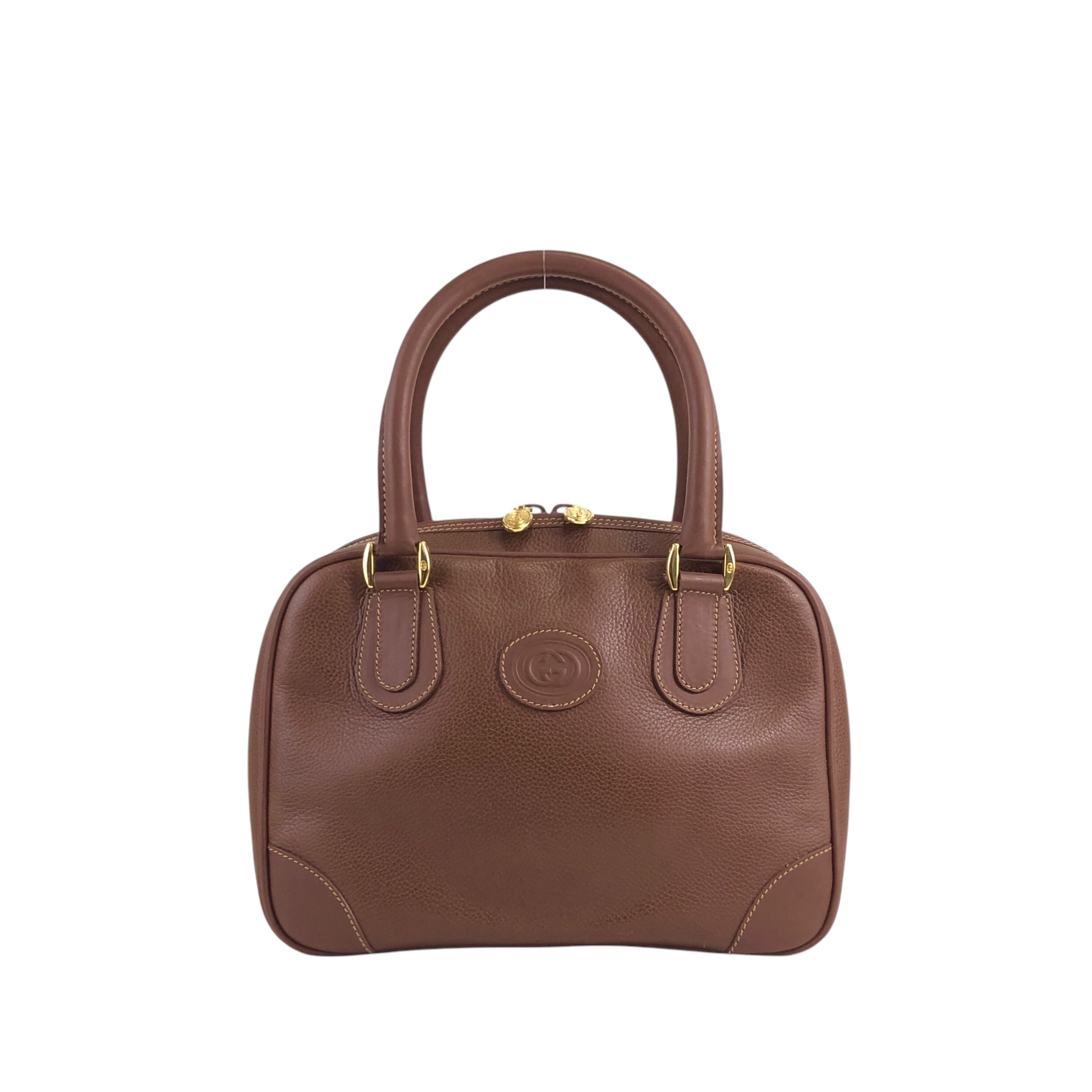 GUCCI グッチ ハンドバッグ ブラウン ロゴ型押し レザー ミニボストン