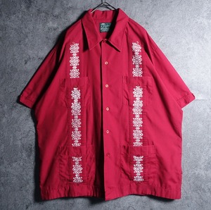 Red flower motif embroidery design Cuban shirt
