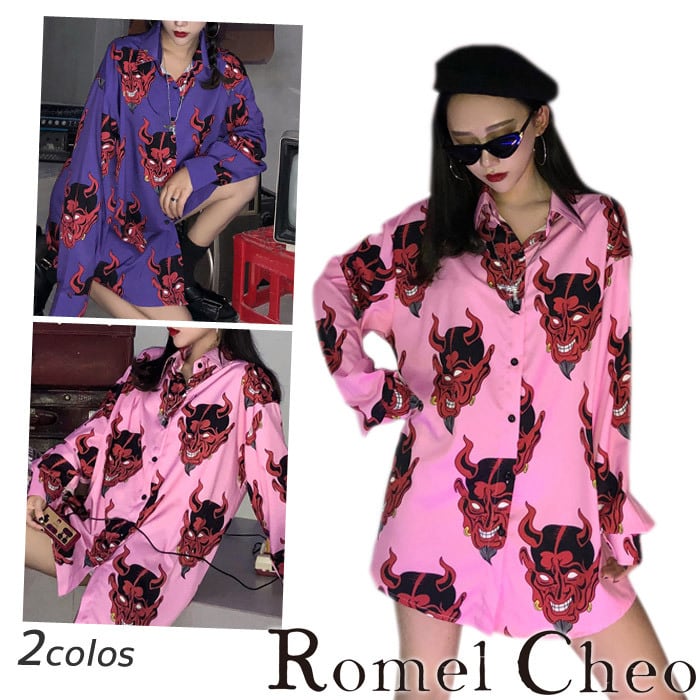 RomelCheo 鬼柄シャツ 総柄 長袖 オーバーサイズ ゆったり RomelCheo 鬼柄シャツ 総柄 長袖 オーバーサイズ ゆったり