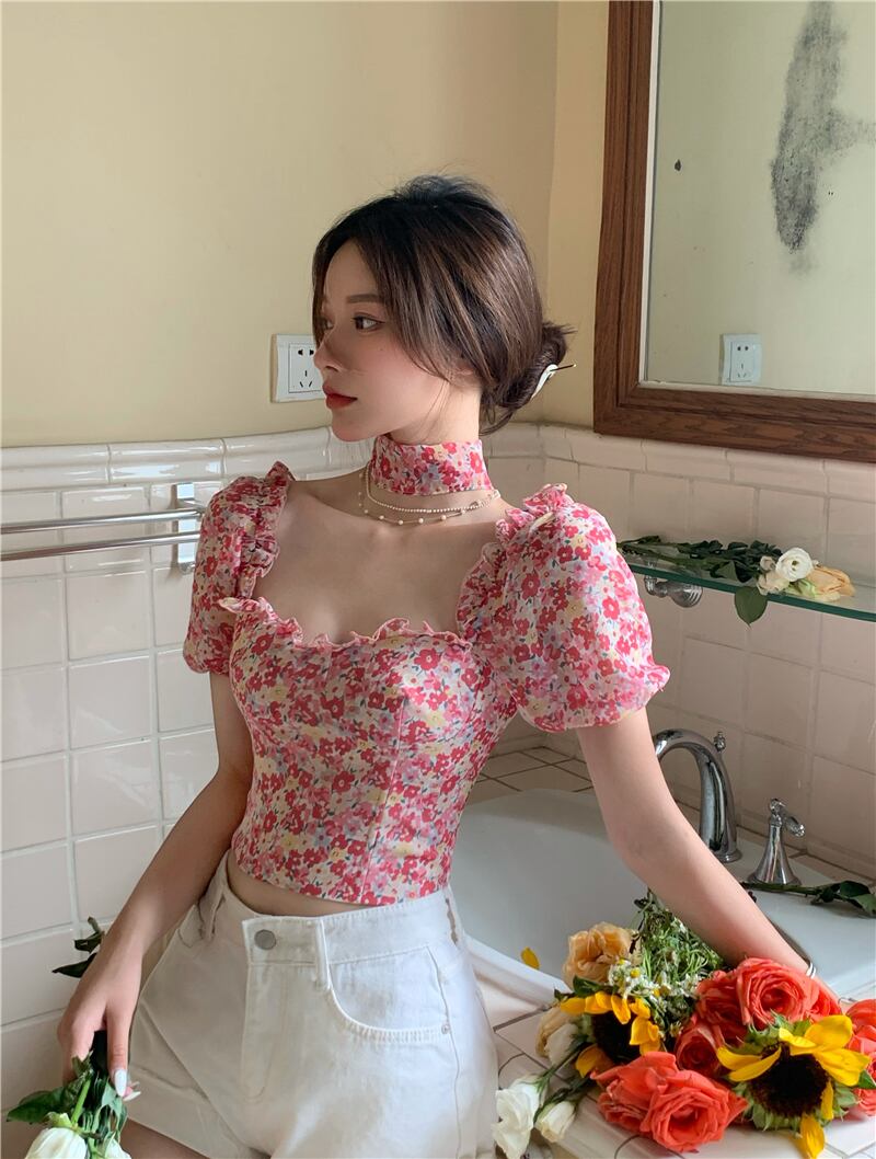 レースシフォンフローラルシャツ サマーショートトップス 大人ガーリー スウィート キュート カジュアル 夏物 花柄 ブラックストロベリース70097895626