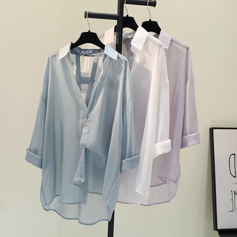 トップス レディース シャツ 長袖 襟付き ストレート シフォン 前開き シースルー 伸縮性 かわいい 大人可愛い きれいめ シンプル カジュアル 上品 エレガント 清楚 シック おしゃれ 綺麗 フォーマル クール モード系 おとな ナチュラル こなれ感 ラフ ガーリー モダン 抜け感 存在感 無地 OL デート お出かけ 女子会 パーティー イベント S M L XL ホワイト ブルー パープル 春 20代 30代 40代 韓国 韓国系 着回し 普段使い 重ね着 体型カバー 楽ちん モテ 送料無料