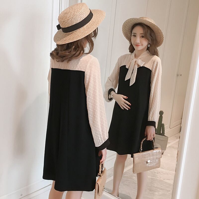 【新作】【送料無料】 マタニティウェア新しい2019年春バージョンの偽のツーピースマタニティドレス、襟付きミドル丈ルーズマタニティドレス スプリング 春物 expec242613166871