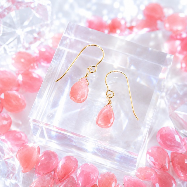 ☆高品質インカローズ・ロードクロサイトファセットペアシェイプ☆14kgf☆フックピアス・イヤリング