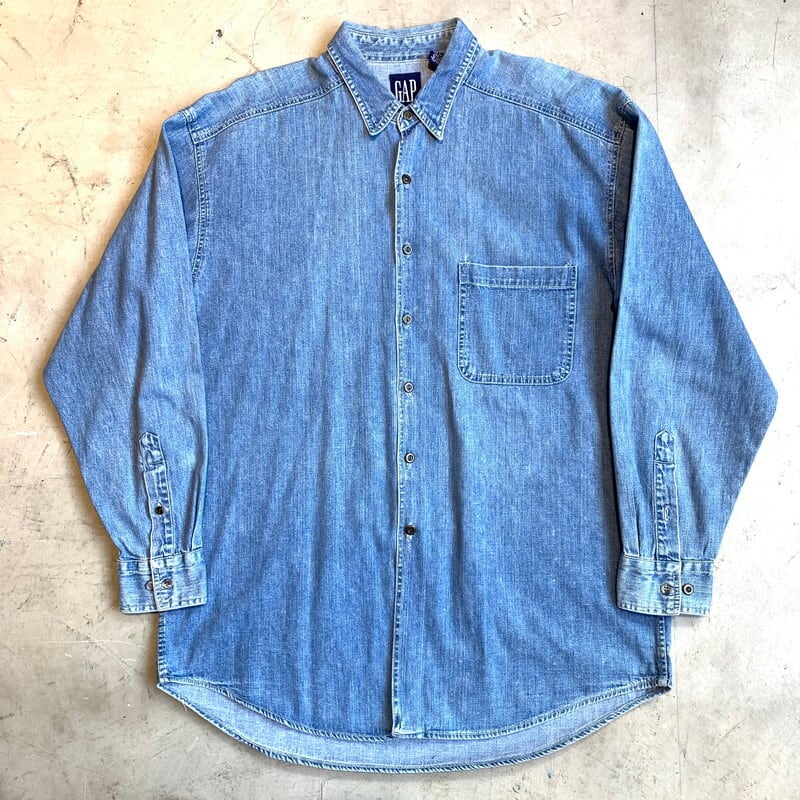 80's 90's OLD GAP デニムシャツ グッドレギュラー 紺タグ フレンチフロント メタルボタン LARGE 香港製 グッドレギュラー 希少 ヴィンテージ BA-1299 RM1668H