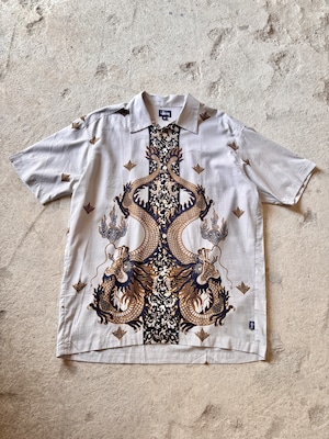 90s OLD STUSSY/Dragon print S/S Shirt/USA製/紺タグ/M (XL相当)/龍プリント半袖シャツ/開襟/オ－プンカラ－シャツ/龍/バティック/グレ－/ステュ－シ－/オ－ルドステューシー