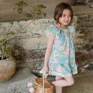 夏レトロ花柄フリルTシャツ