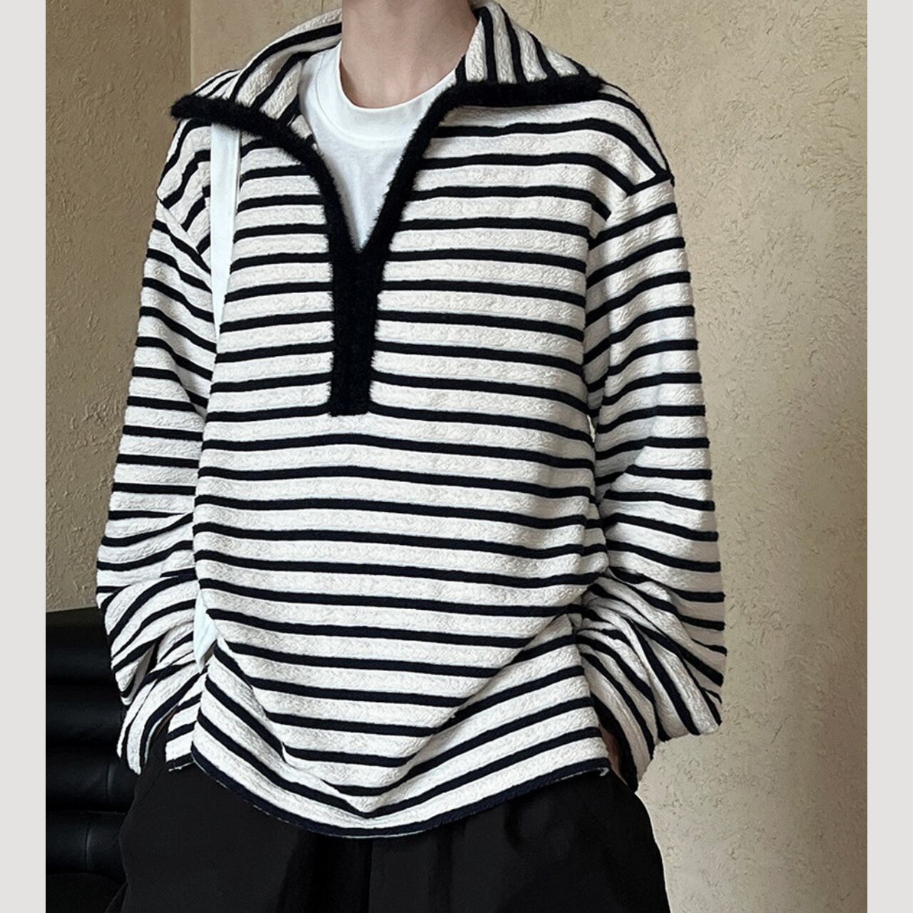 ハーフジッパーボーダートップス a0249