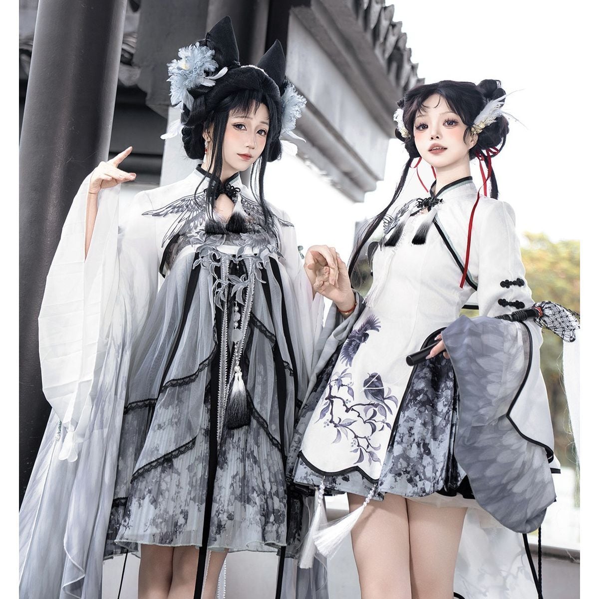 白磁に舞う墨花・振袖チャイナセットアップ：Ver.A | Maiden's Rêve