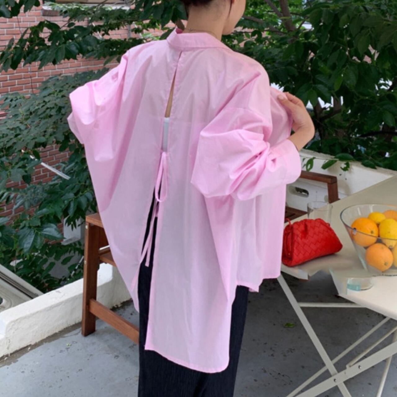 Back split lace-up design shirt 3 colors S1108