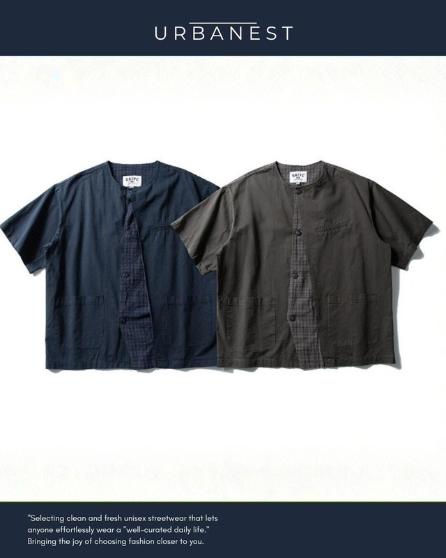 【URBANEST】チェック柄切り替えノーカラー半袖シャツ 2color UN0089