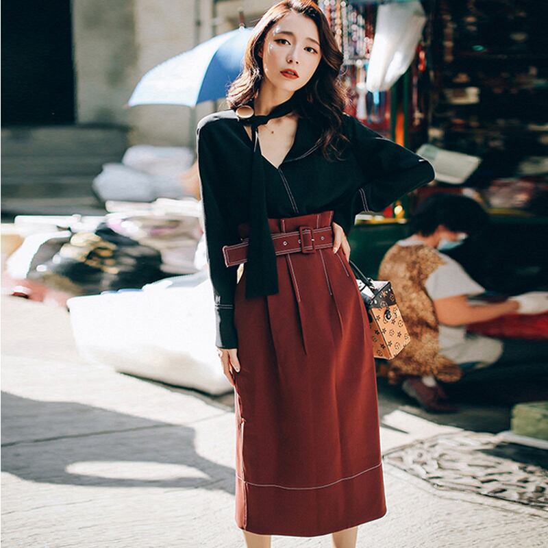 2点セット セットアップ カットソー タイトスカート 膝下 ミモレ ミモレ丈 9分丈 アンクル丈 長袖 ドロップショルダー Vネック ワイド ベルト ハイウエスト プルオーバー かわいい 大人可愛い シンプル カジュアル おしゃれ お洒落 レトロ ラフ 無地 春 夏 秋 冬 オールシーズン シーズンレス 10代 20代 30代 40代 レディース 学生 通学 デート お出かけ 女子会 休日 旅行 ショッピング 着回し 普段使い 重ね着 楽ちん L XL 2XL 3XL ゆったり ゆる ブラック レッド