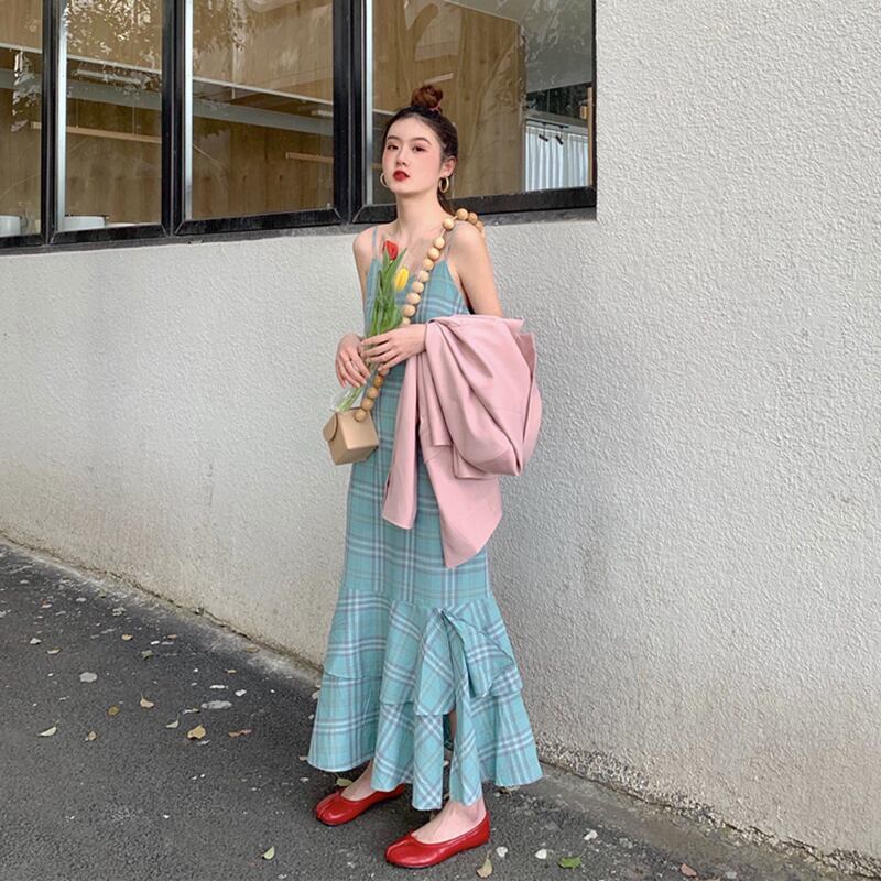 スカート サマーレッドルーズウェスト薄手格子柄ドレス 夏物 ドラファッションホール15434200787