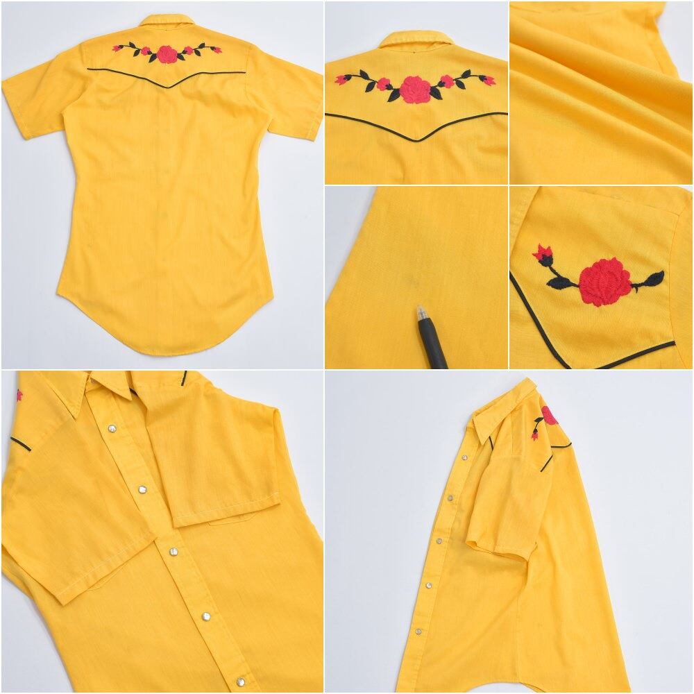 70s USA製 薔薇刺繍 パイピング デザイン 半袖ウエスタンシャツ Rau
