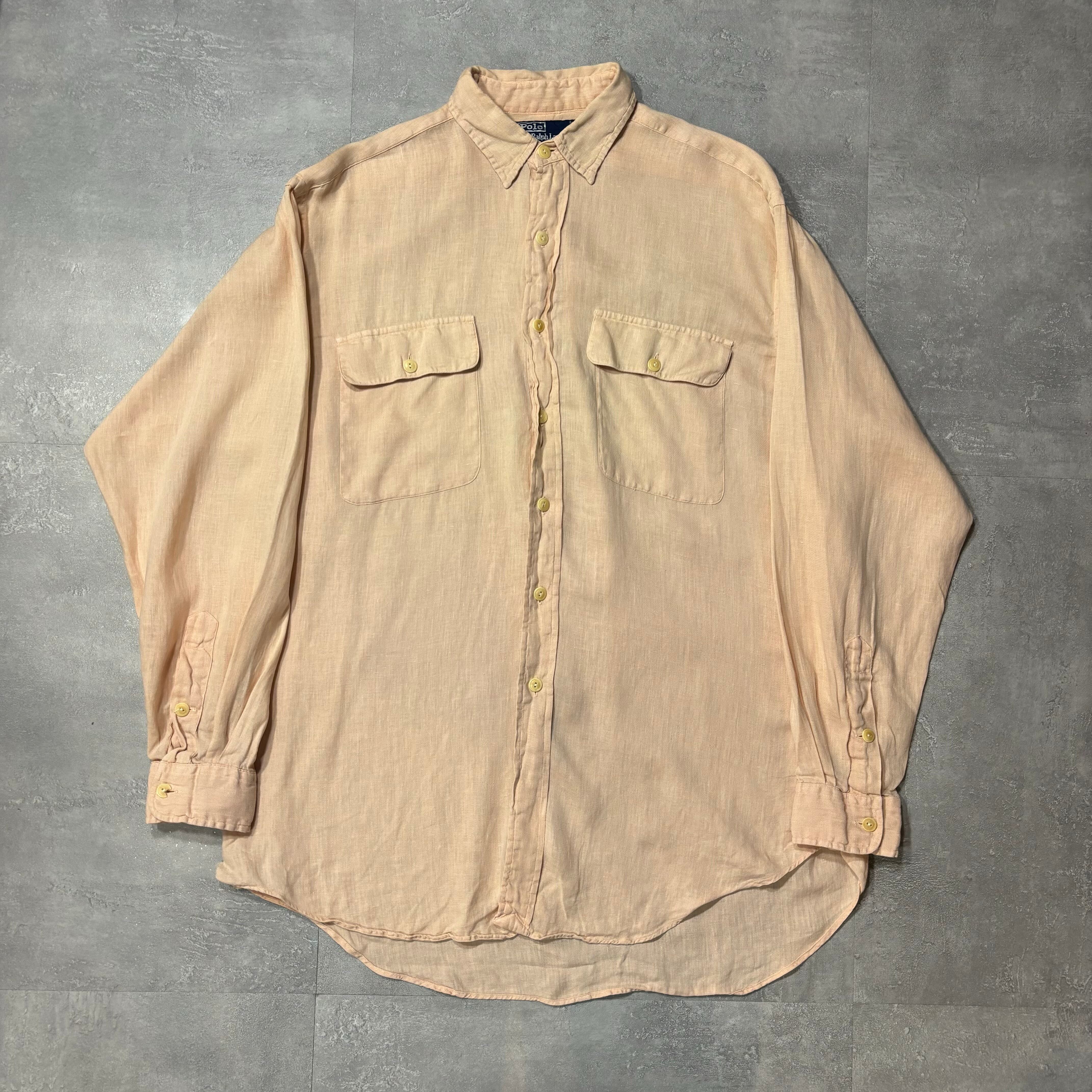 《M》Ralph Lauren ラルフローレン 100%linen リネン ピンクベージュ 長袖シャツ no.4029