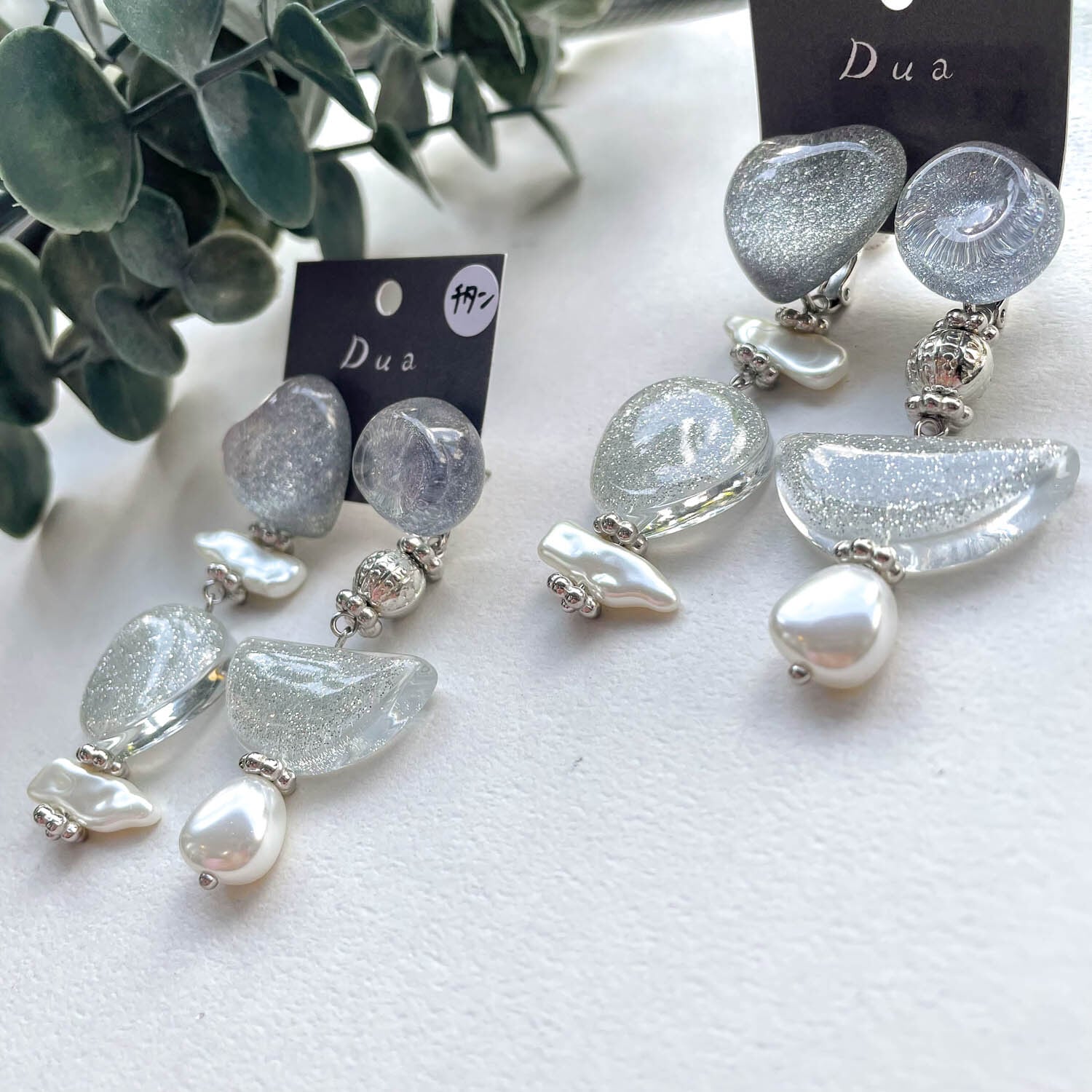 803 再販 氷 シルバー クリア 大ぶり ハンドメイド ピアス イヤリング