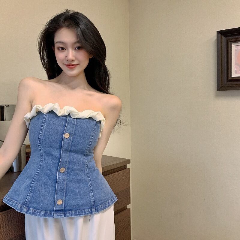 トップス サマーショートスタイルストラップレス薄手ブラ 夏物 ピュア ブラックストロベリース78447721562