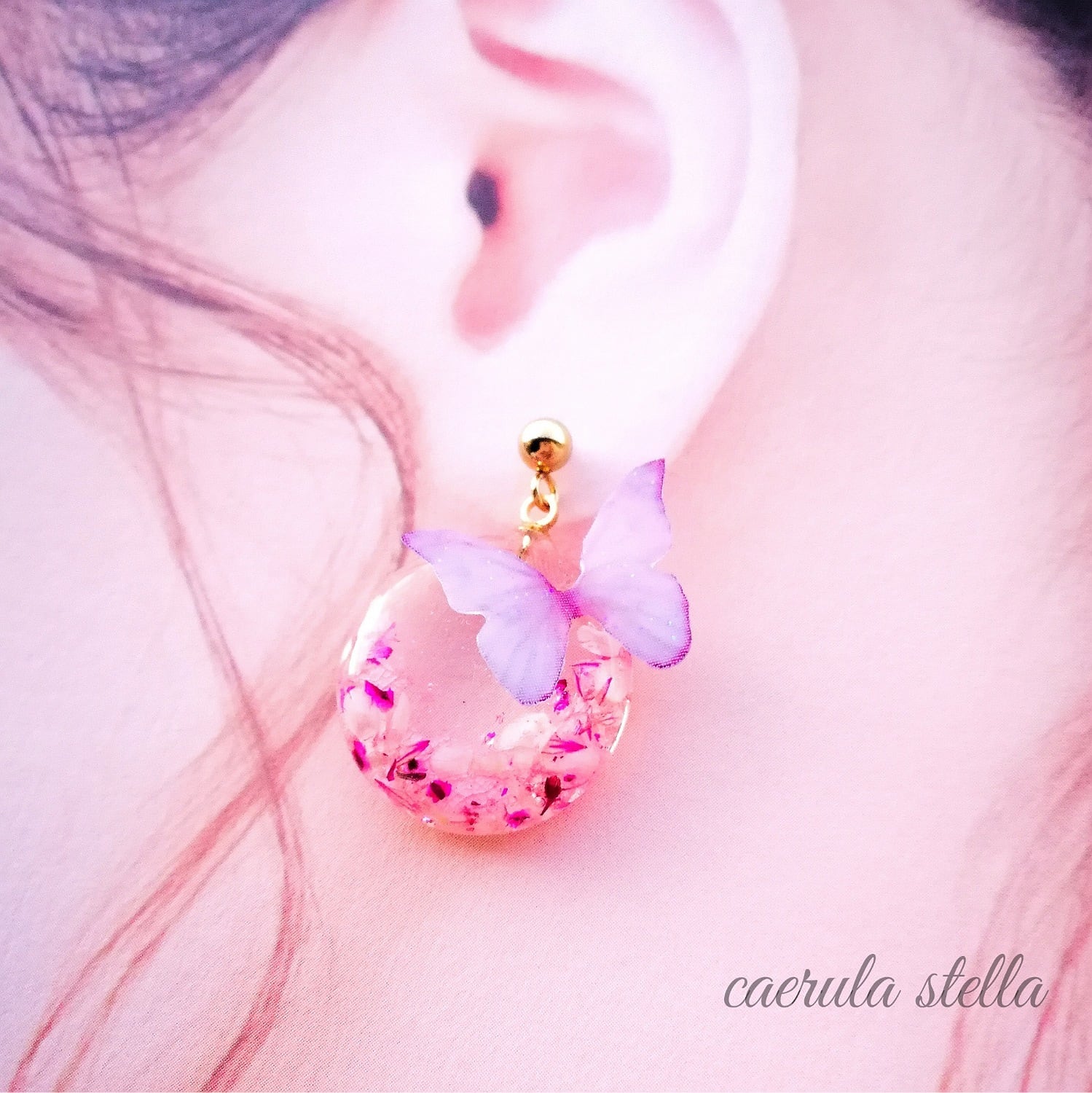 ピアス鳥かごパール桜花白花びらピンク蝶蓄光光る祭りデート