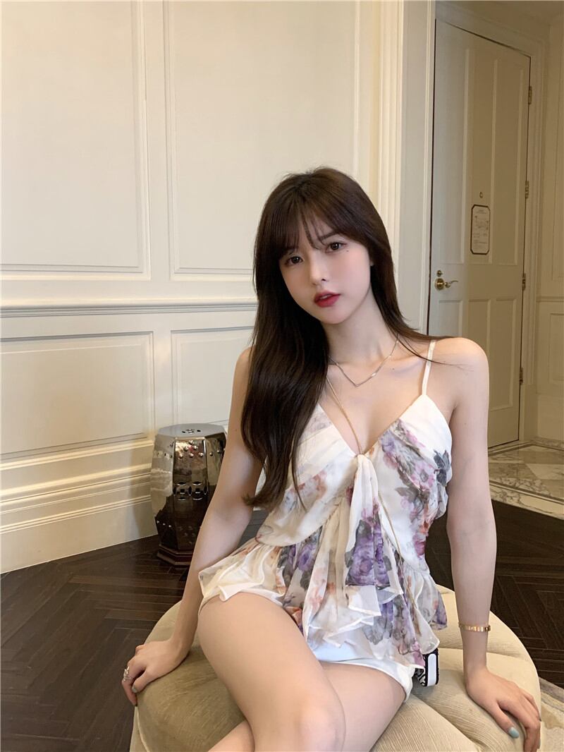 サマースタイルスタンダードショートラッフルプリント柄トップス レトロ 夏物 ピュア ブラックストロベリース80649278041