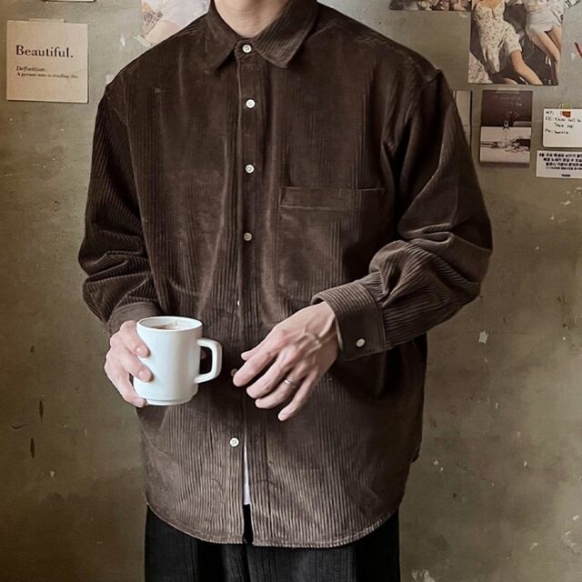 【予約販売】シャツ 長袖 コーデュロイ メンズ オーバーサイズ ブルー ブラウン カジュアル ストリート こなれ感 お洒落 韓国 トレンド 秋冬 M/L/XL