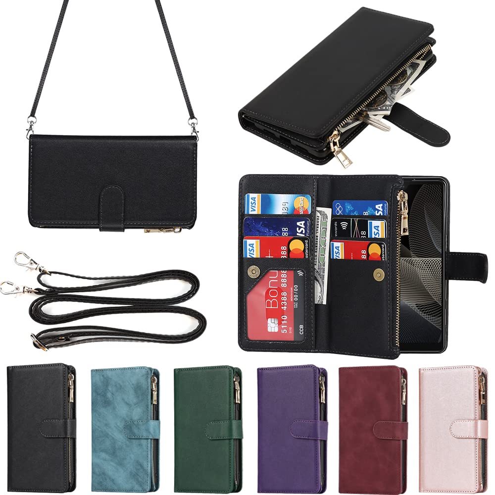 Eastwave for Sony Xperia Ace II SO-41B ケース for Xperia L5 / Ace 2 SO41B 縄掛けケース 手帳型 財布型 ICカード コインポケット ストラップ付き カード 収納 小銭入れ ファスナーポケット付き PUレザー 6色 ブラック