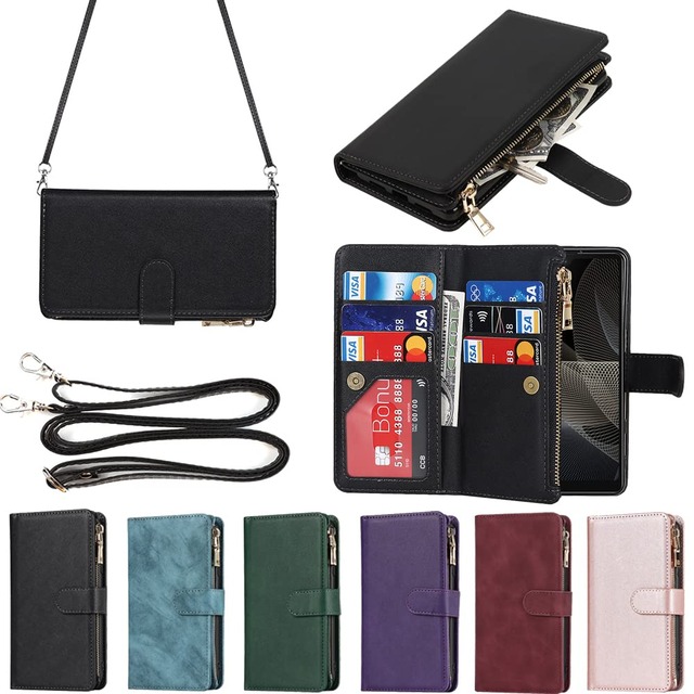 Eastwave for Sony Xperia Ace II SO-41B ケース for Xperia L5 / Ace 2 SO41B 縄掛けケース 手帳型 財布型 ICカード コインポケット ストラップ付き カード 収納 小銭入れ ファスナーポケット付き PUレザー 6色 ブラック