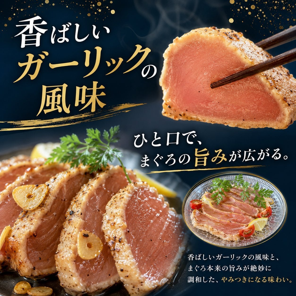 マグロガーリックたたき 2人前 約200g 冷凍 赤身 真空パック 解凍して